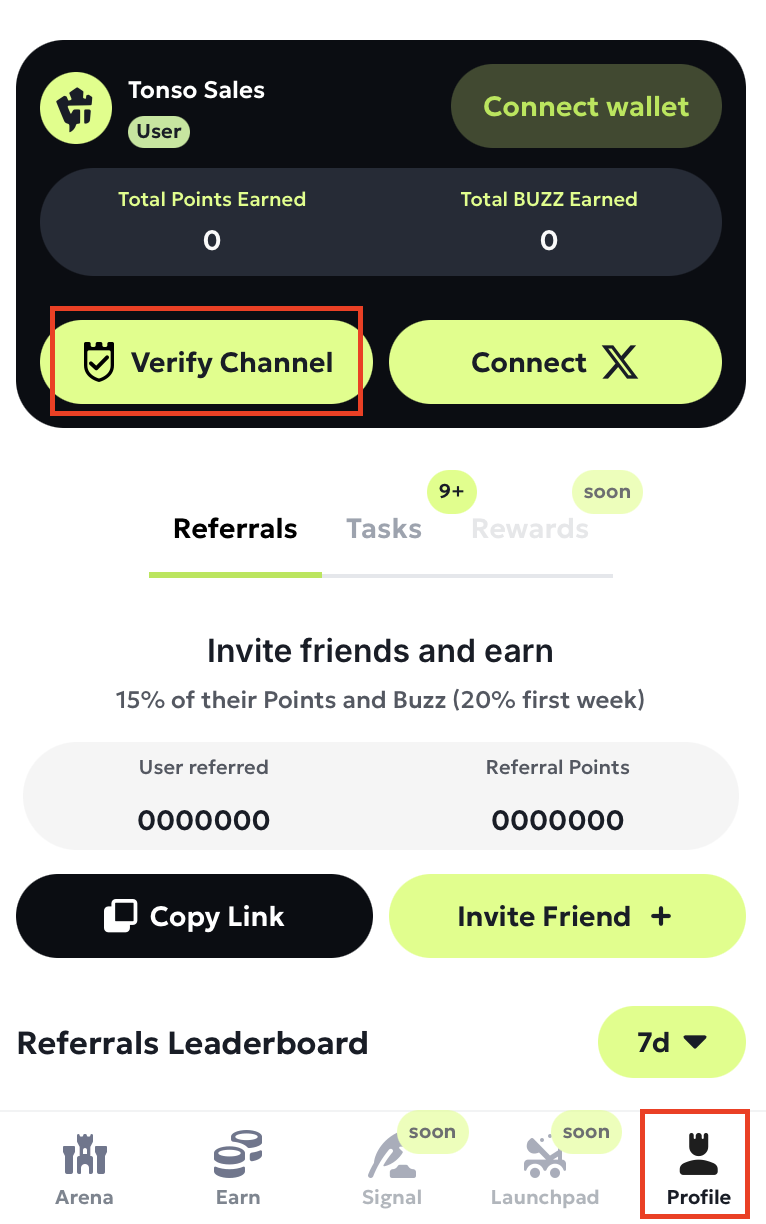 Open Verify Channel menu inside Profile tab