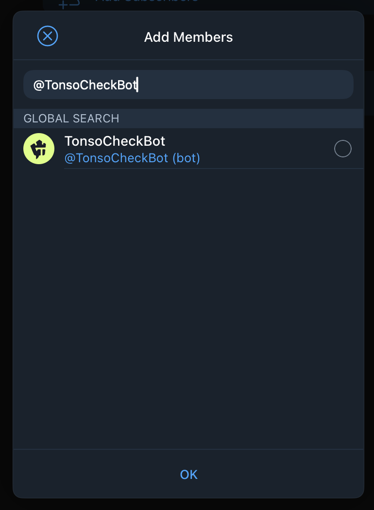 add the bot from the pop up menu