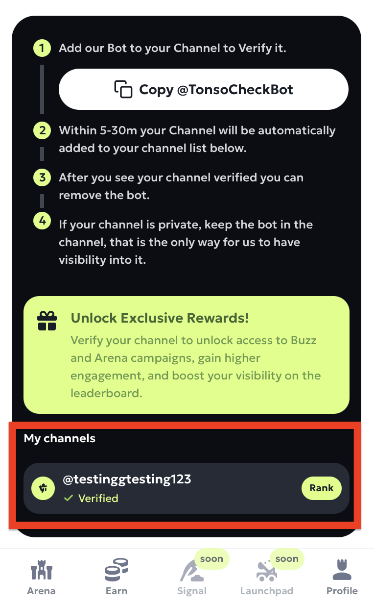 check if your channel appears under the my channels tab in the verify channel menu